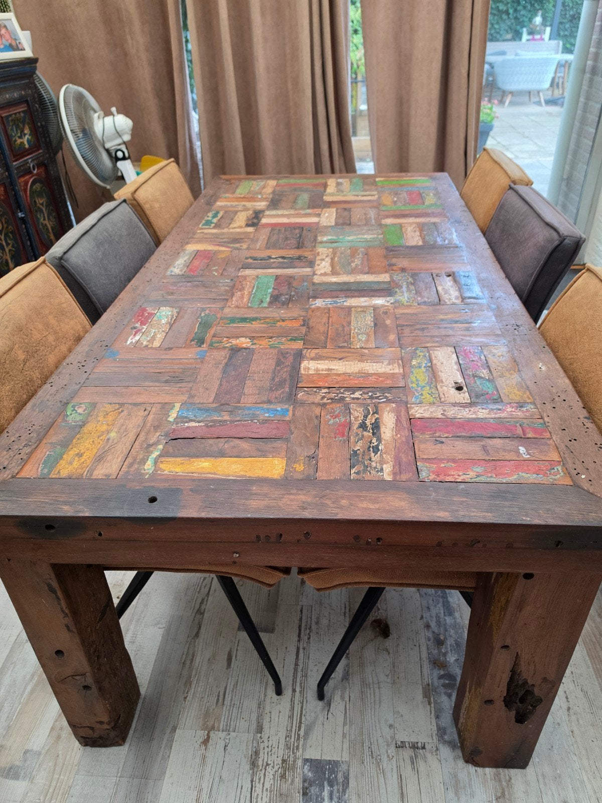 Hardhouten tafel (200x100cm) met 6 imitatieleer stoelen, Ophalen, Gebruikt, Overige materialen, Vijf personen of meer