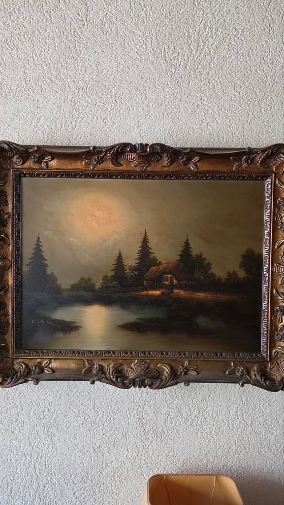 Schilderij W. Schuller - Landschap met huisje aan water, Antiek en Kunst, Ophalen of Verzenden