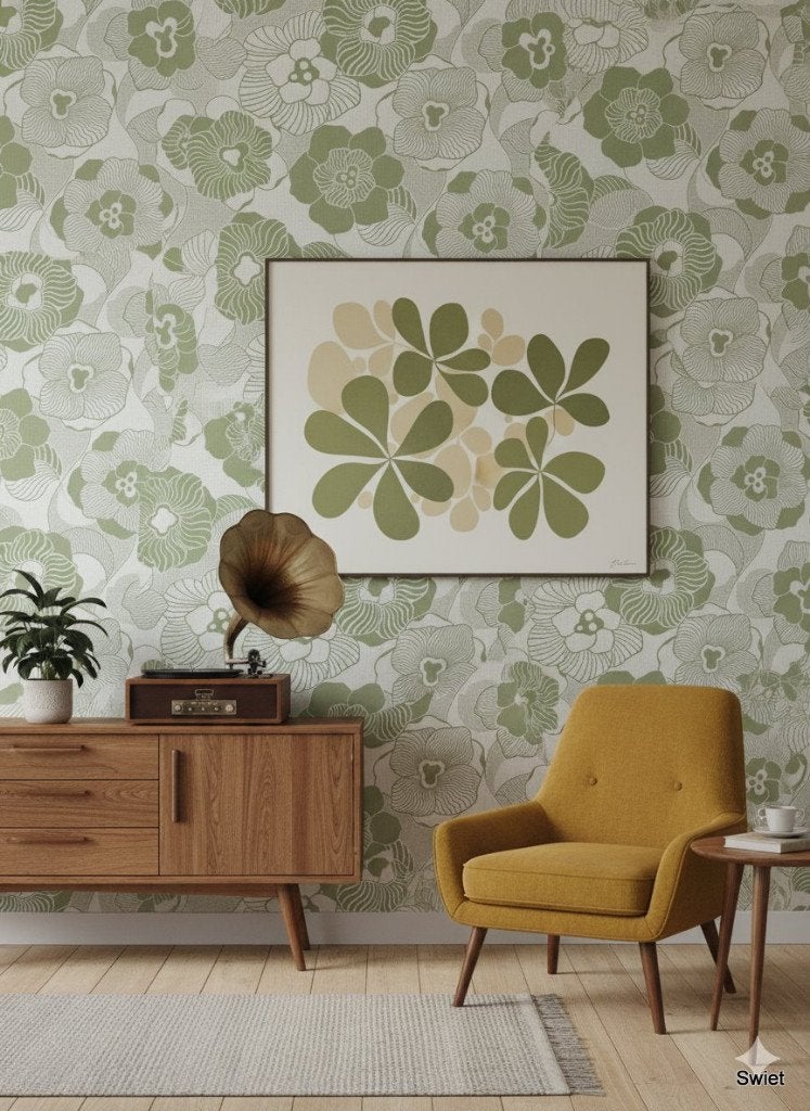 14293 vintage bloemen behang olijfgroen wit retro swiet, Ophalen of Verzenden, Wit