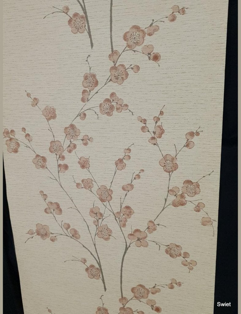 13998 behang bloemtakken jute seventies linnenlook 70s swiet, Ophalen of Verzenden, Beige