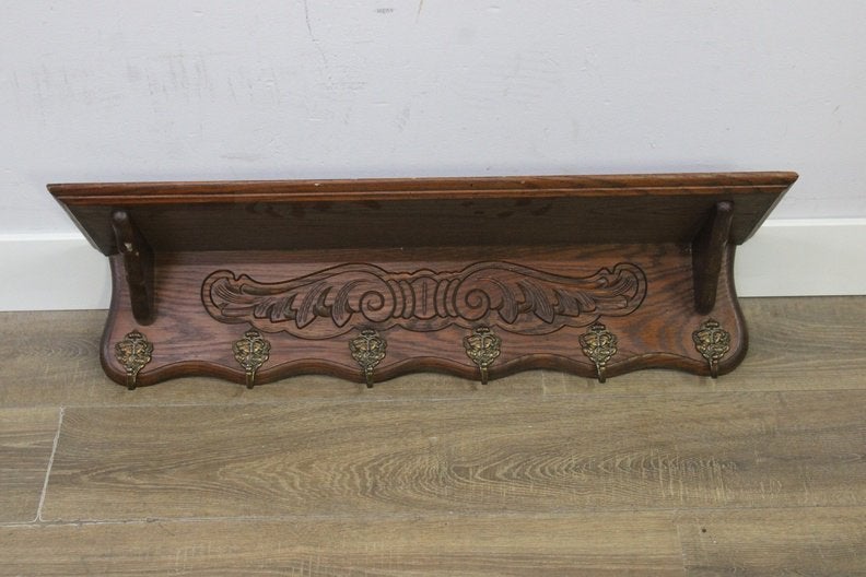 Wooden Wall Coat Rack with 6 Brass Hooks, Wandkapstok, Ophalen of Verzenden, Zo goed als nieuw, Minder dan 100 cm