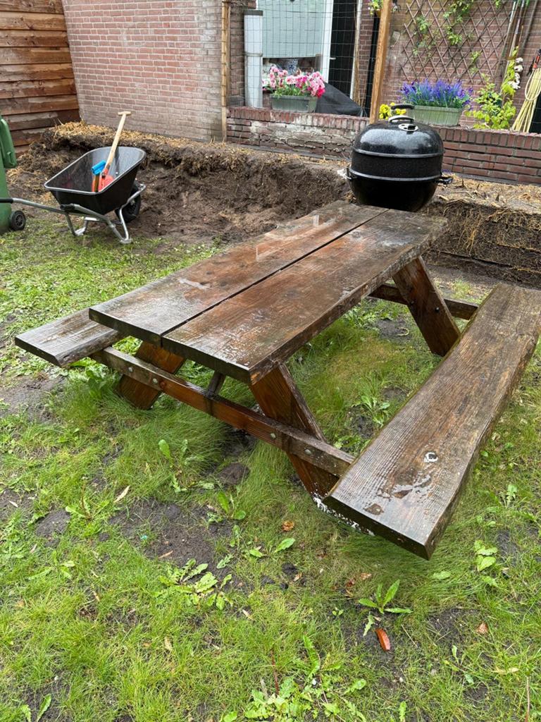 Robuuste houten picknicktafel voor buiten, Tuin en Terras, Picknicktafels, Ophalen, Gebruikt, Rechthoekig, Hout