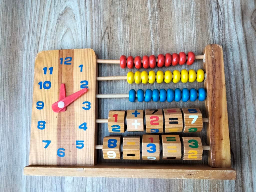 Vintage houten telraam met klok en rekenblokjes, Ophalen, Gebruikt, Rekenen