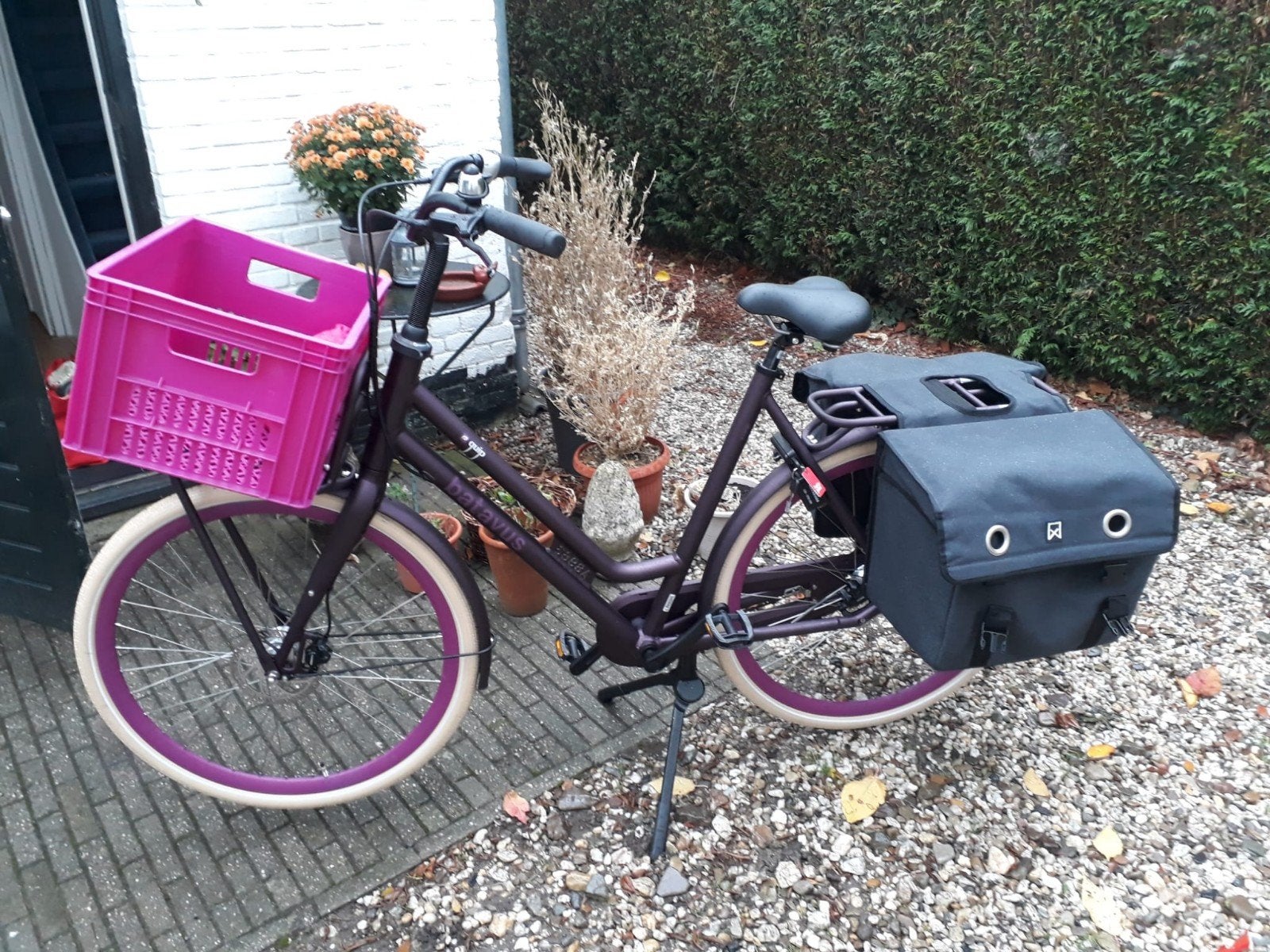 Batavus Damesfiets met krat en fietstassen, Fietsen en Brommers, Fietsen | Dames | Damesfietsen, Velgrem, Batavus, Ophalen of Verzenden