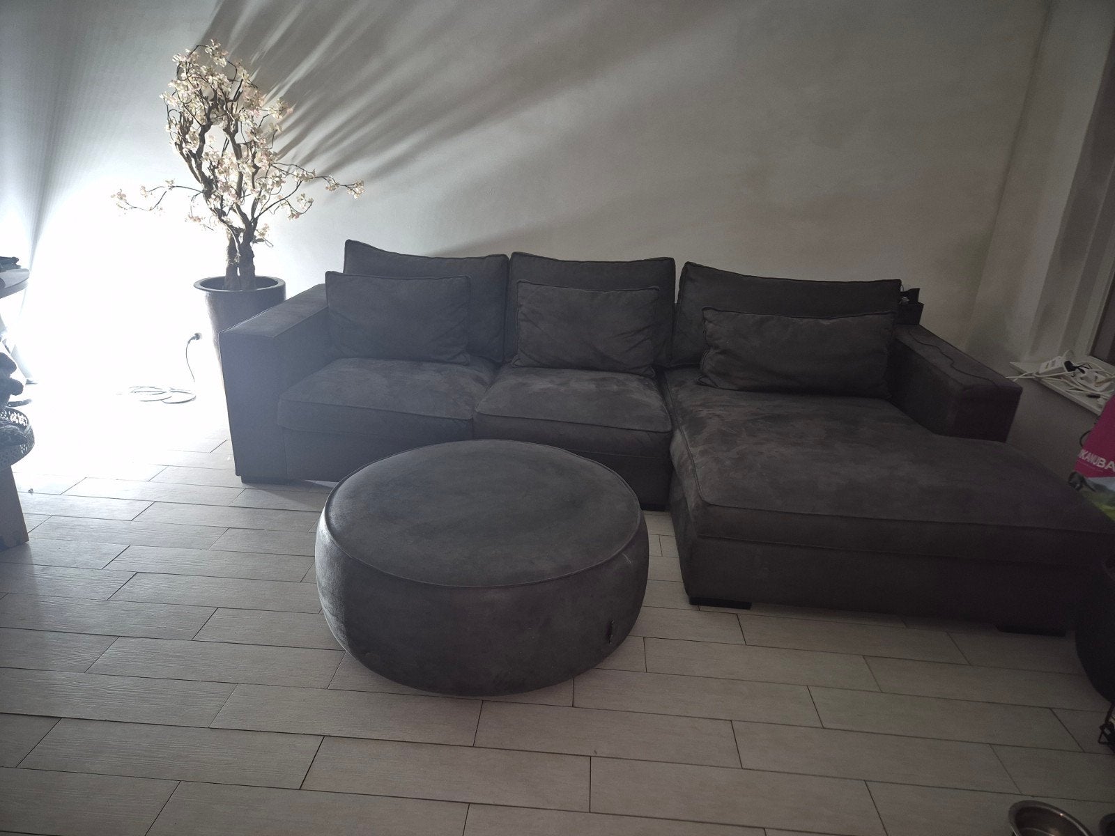 Bull leather Antraciet grijs hoekbank inclusief hocker., Ophalen, Zo goed als nieuw, Leer