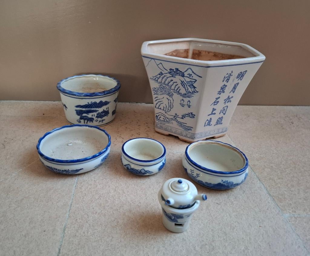 Vintage Chinese Bonsai blauw/witte potten in diverse maten, Tuin en Terras, Bloempotten, Gebruikt, Rond, Ophalen of Verzenden