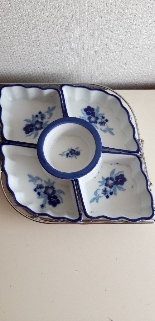 5 delig Delftsblauwe hapjesschaal met handvatten, Overige typen, Ophalen of Verzenden, Zo goed als nieuw, Overige stijlen