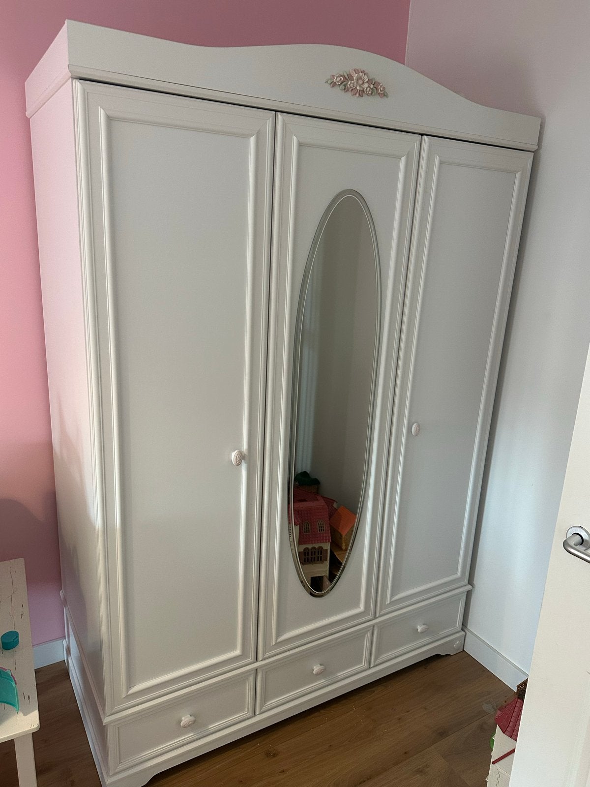 Witte kledingkast met spiegel en lades, Ophalen, Gebruikt, 100 tot 150 cm, 75 cm of meer