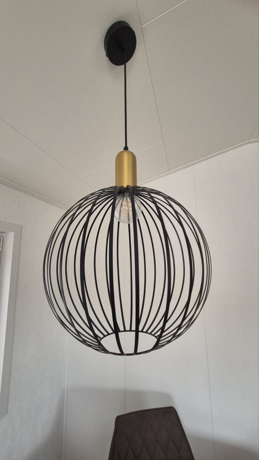 Moderne draadlamp - Zwart met goudkleurige accenten, Modern, Industrieel, Zo goed als nieuw, Metaal, E27 (groot)