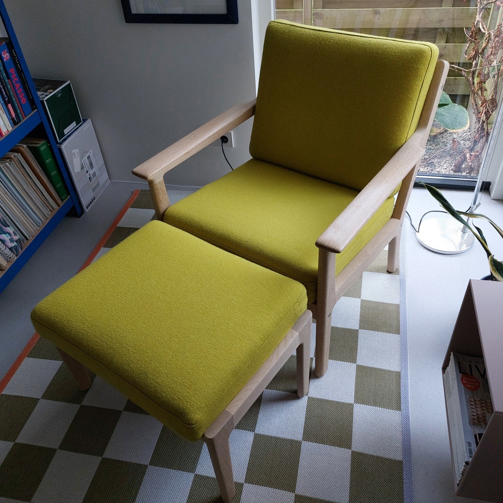 Hans Wegner GE265 Fauteuil met Voetenbank - Geel/Groen, Ophalen, Overige kleuren, Zo goed als nieuw, Deens design, Mid-century modern