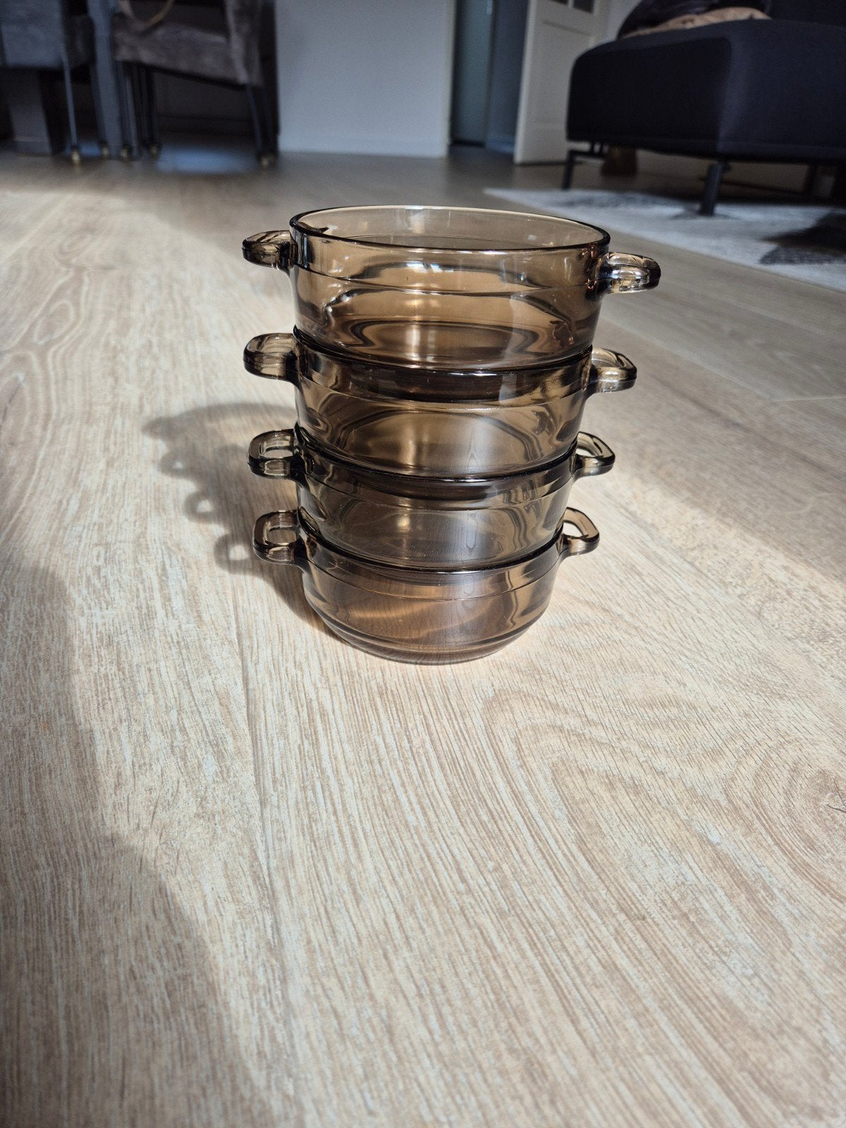 Arcoroc France rookglas schaaltjes met oren (4 stuks), Huis en Inrichting, Schaal, Rond, Met handvatten, Ophalen of Verzenden