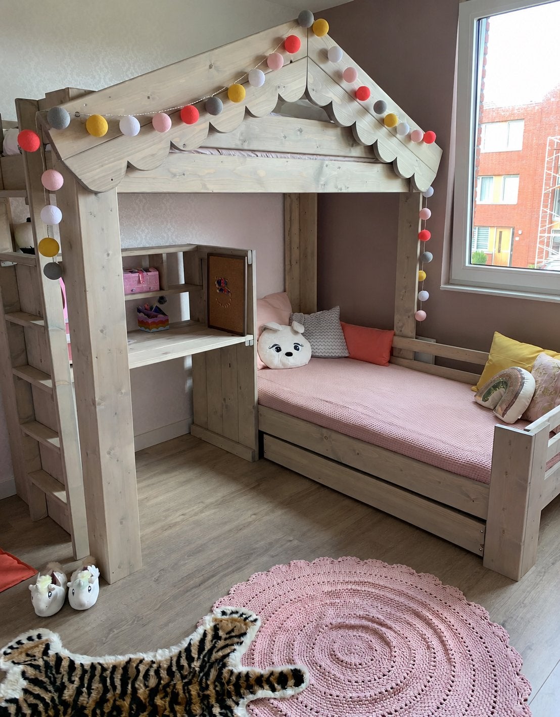Originele steigerhouten hoogslaper met bureau en opberglade, Ophalen, 85 tot 100 cm, Zo goed als nieuw, Hoogslaper of Stapelbed