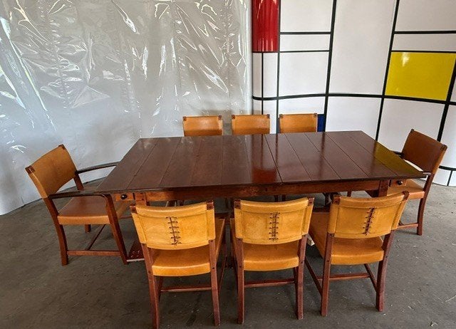Schuitema 'Shaker' Eetkamertafel met 8 aniline leder stoelen, Ophalen, Gebruikt, Shaker Schuitema en zonen, 8 stoelen of meer