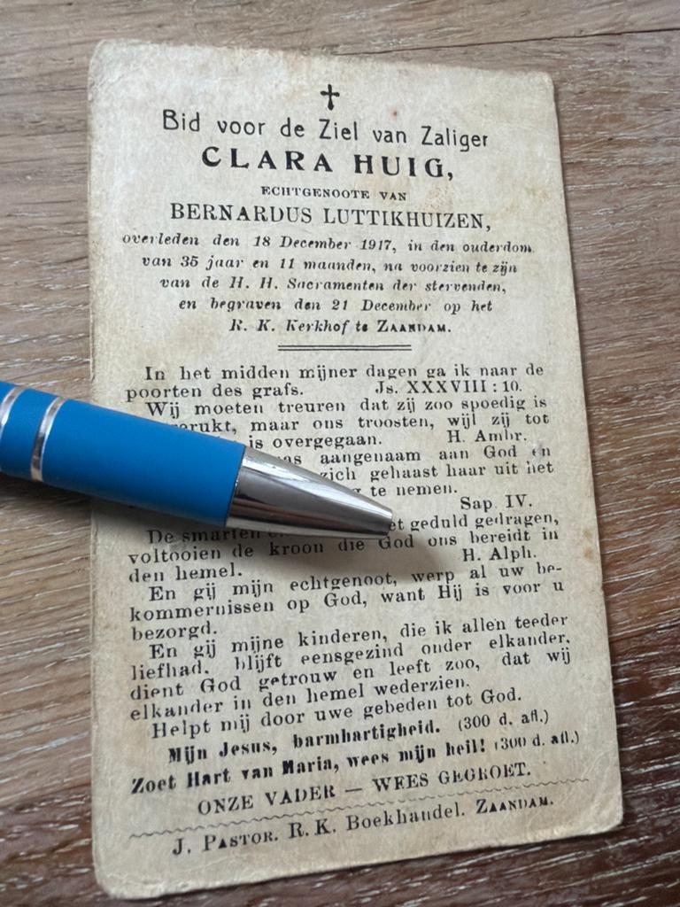 Huig Clara 1917 zaandam x Luttikhuizen - E00828 -, Verzamelen, Bidprentjes en Rouwkaarten, Bidprentje, Ophalen of Verzenden