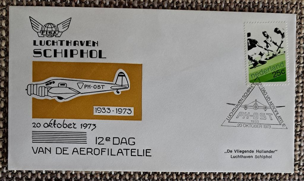 Envelop 12e dag Aerofilatelie SCHIPHOL 20 oktober 1973, Postzegels en Munten, Ophalen of Verzenden, Envelop