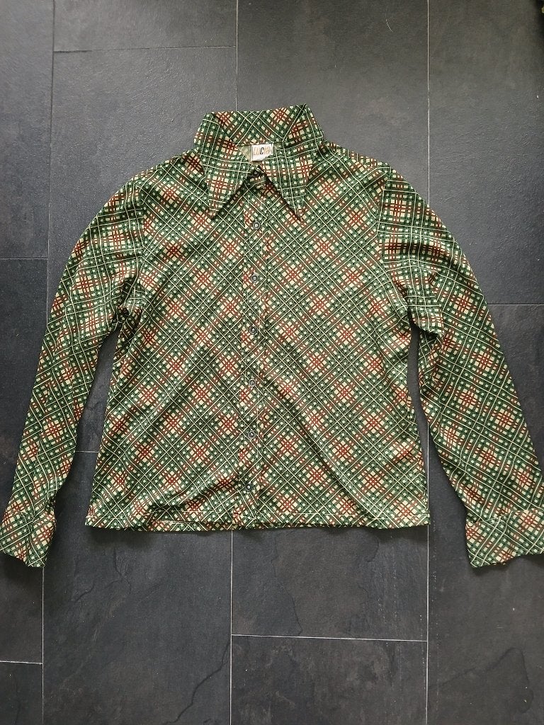 Vintage jaren 70 puntkraag groen rood bruin geruit blouse M, Maat 38/40 (M), Verzenden, Zo goed als nieuw, Vintage