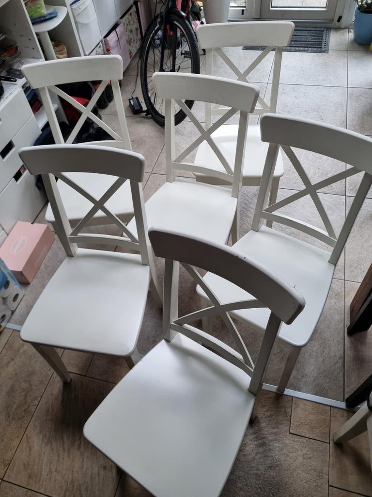 6x IKEA Ingolf stoel - Witte houten eetkamerstoel, Ophalen, Gebruikt, Wit, Hout