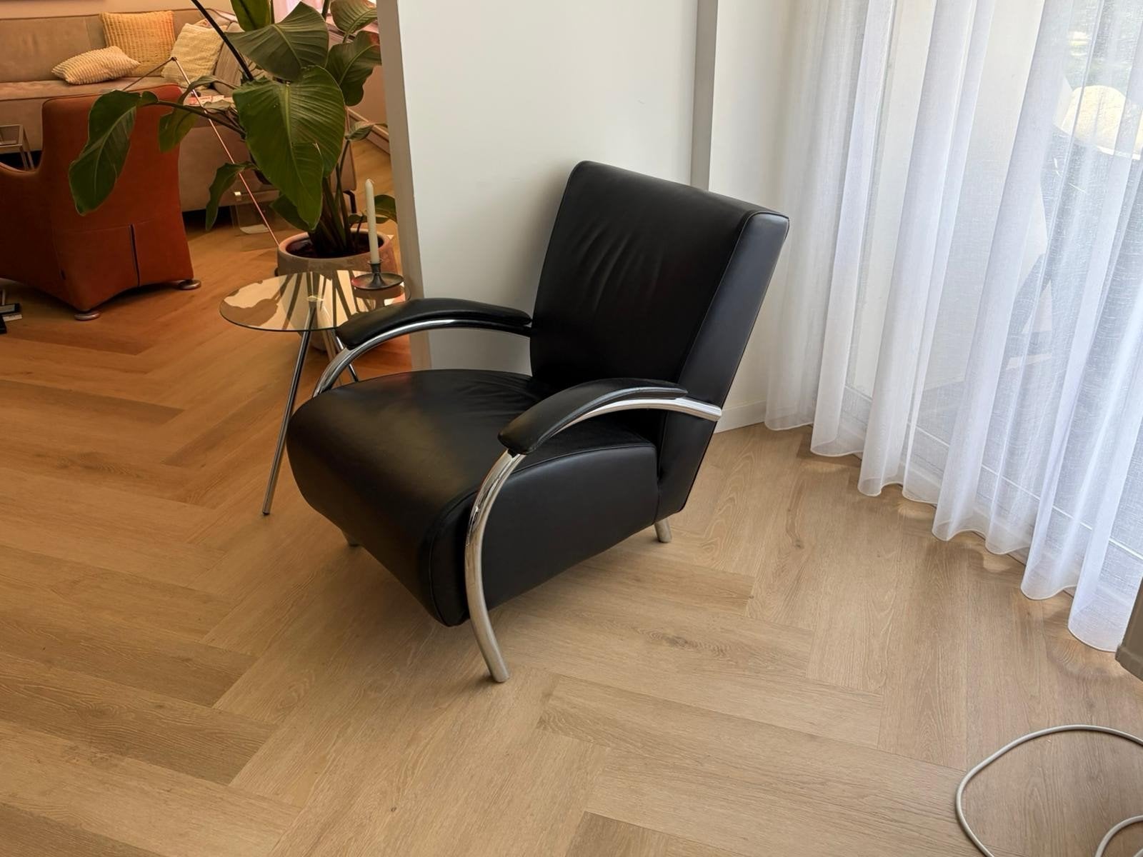 2 Molinari Accademia fauteuils - Zwart leer met chroom, Ophalen, Gebruikt, 75 tot 100 cm, 75 tot 100 cm