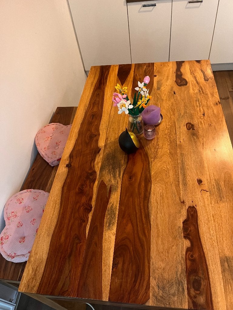 Eettafel massief sheeshamhout + bijpassend bankje, Huis en Inrichting, Tafels | Eettafels, Ophalen, Gebruikt, 50 tot 100 cm, Vijf personen of meer