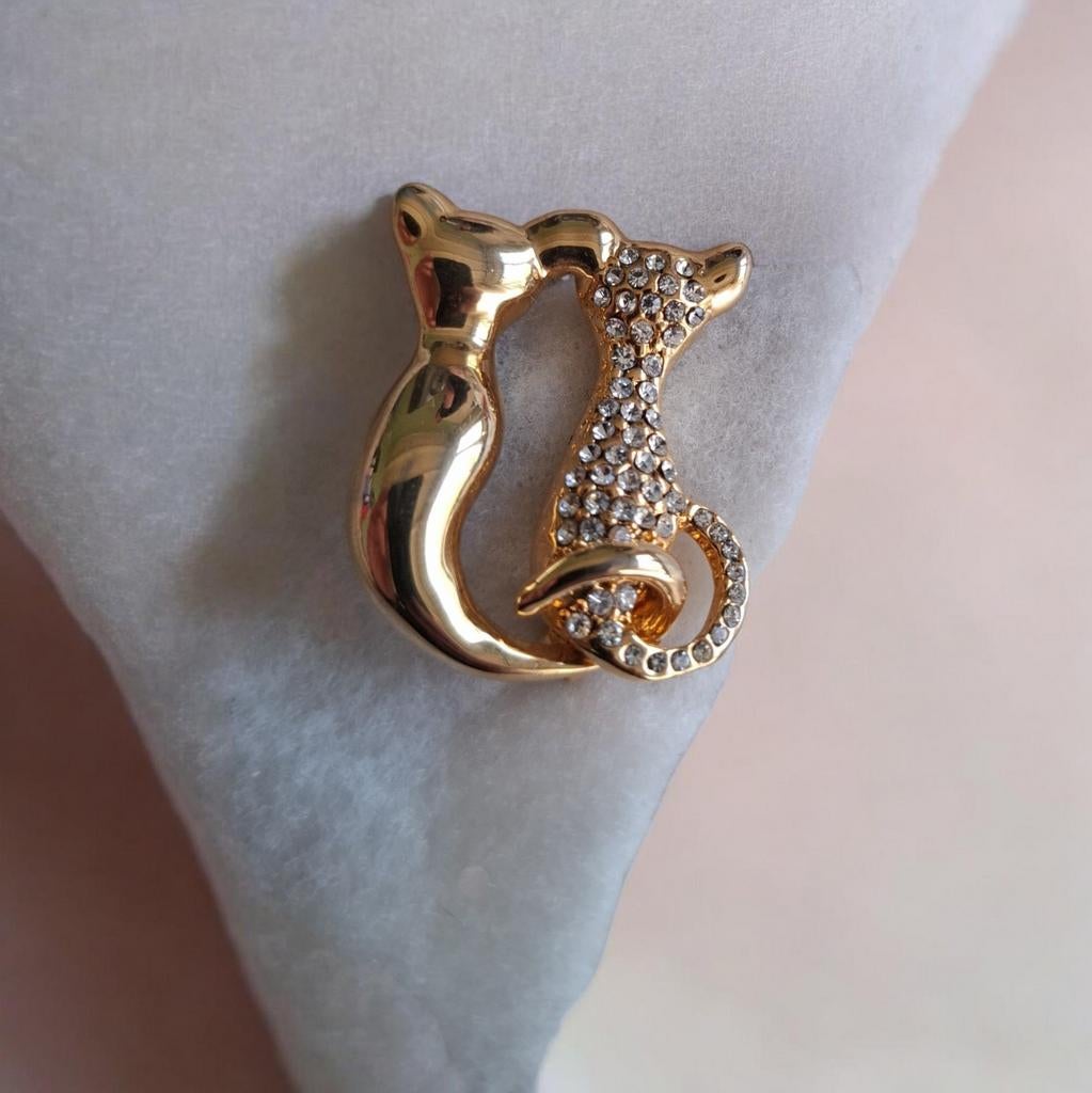 Vintage Strass & Goudkleurige Katten Broche, Overige materialen, 4 tot 7 cm, Gebruikt, Ophalen of Verzenden