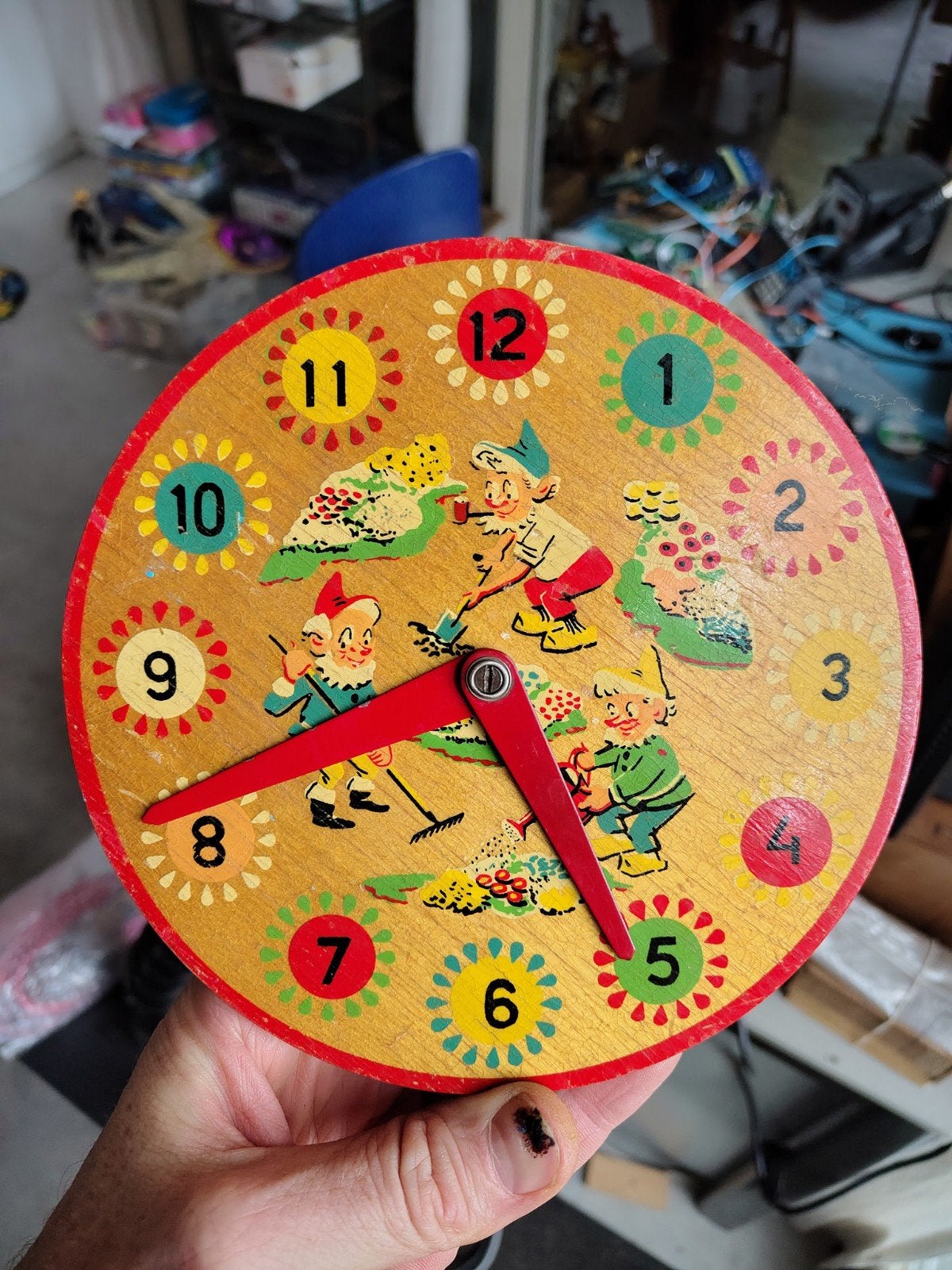 Vintage houten leerklok met kabouters, Ophalen of Verzenden