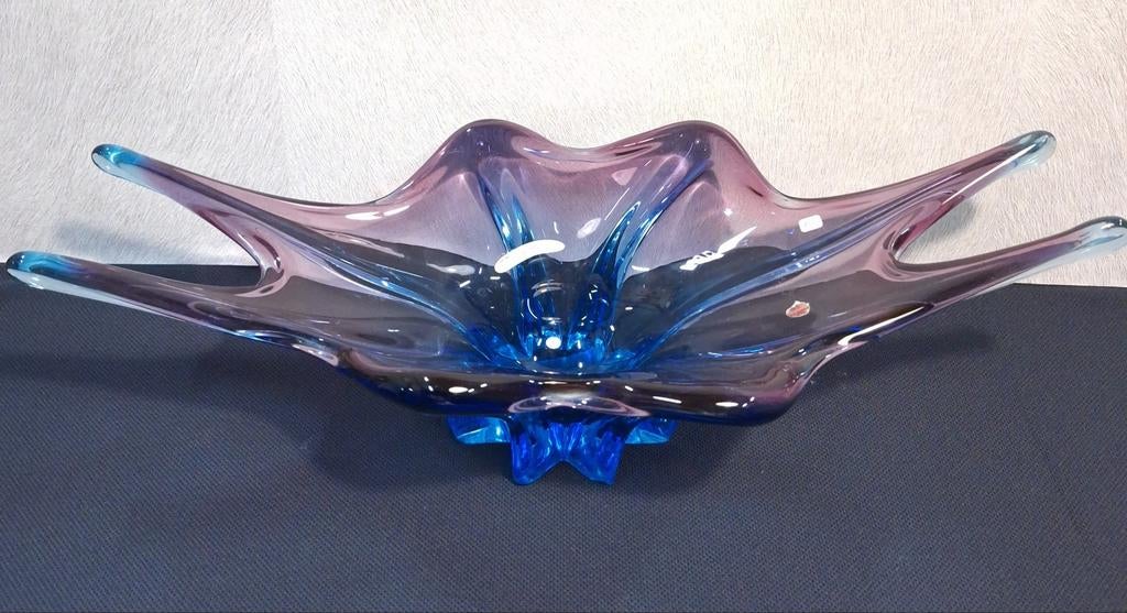 Murano vintage glas object, schaal van blauw glas, handwerk, Gebruikt, Schaal, Vintage, Ophalen of Verzenden