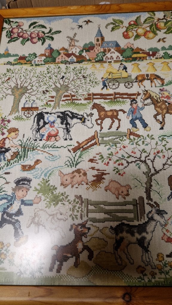 oud geborduurd schilderij buitenleven boerderij, Ophalen of Verzenden
