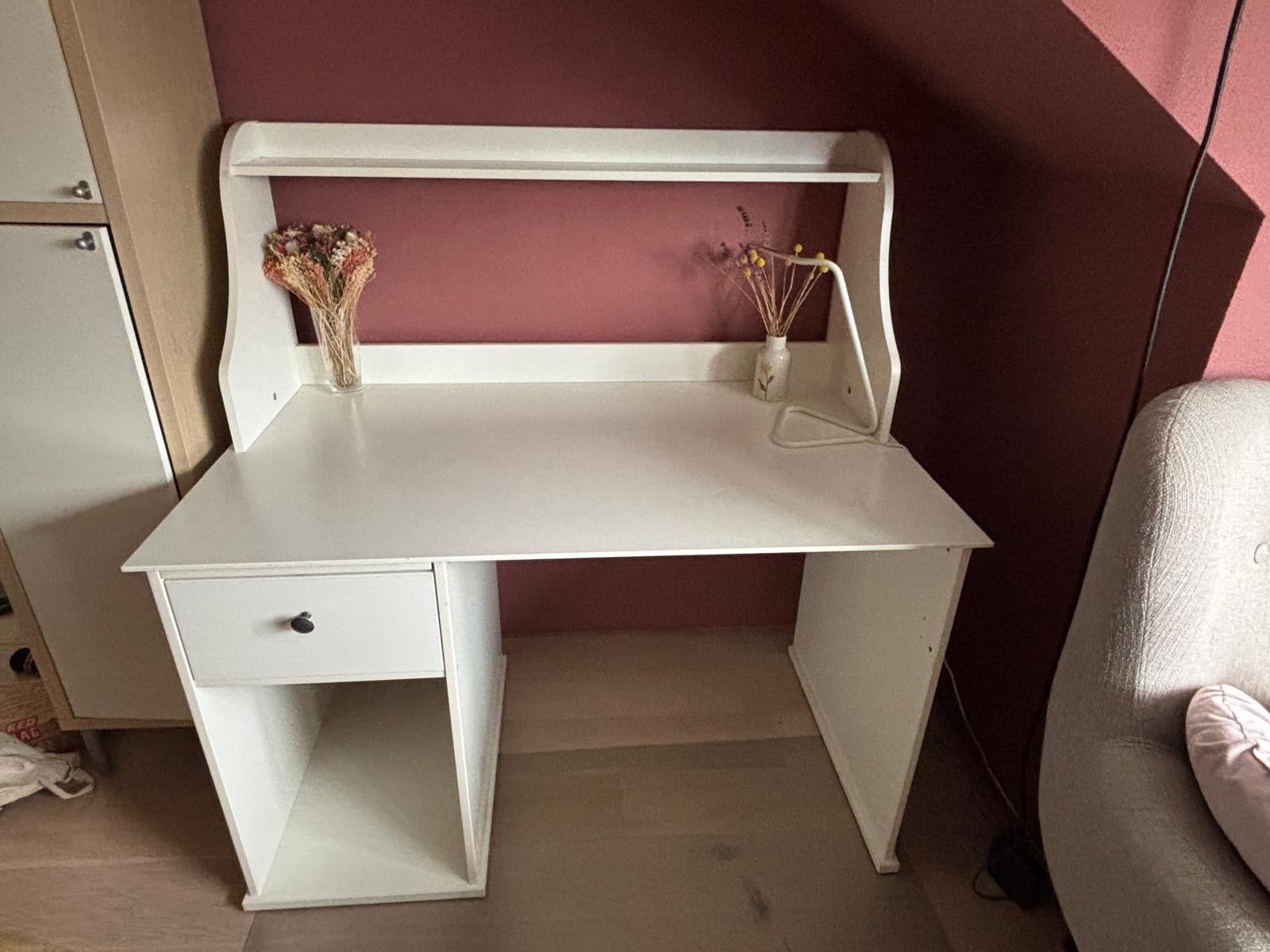 Wit bureau met opbouw en lade - Ikea(hemnes), Ophalen, Gebruikt, 120 cm, Met lades