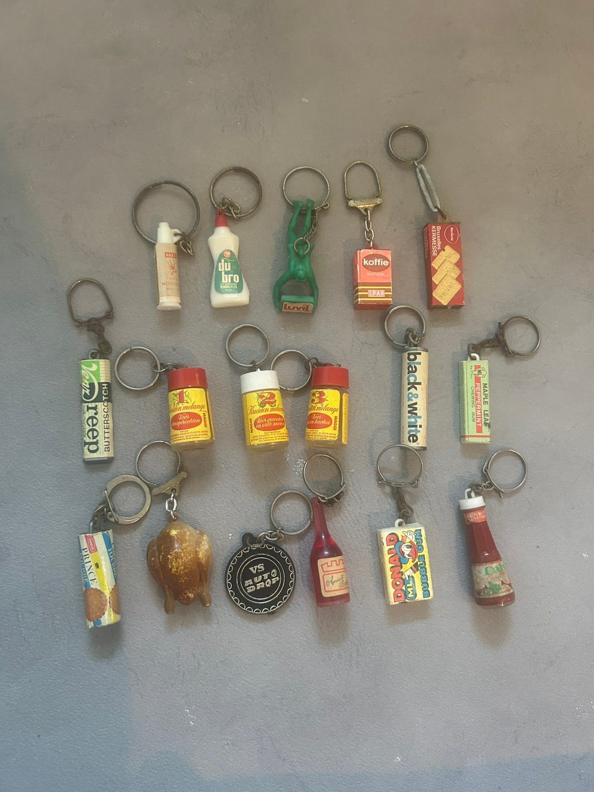 Vintage retro sleutelhangers mini boodschappen mini merken, Ophalen of Verzenden, Gebruikt, Merk