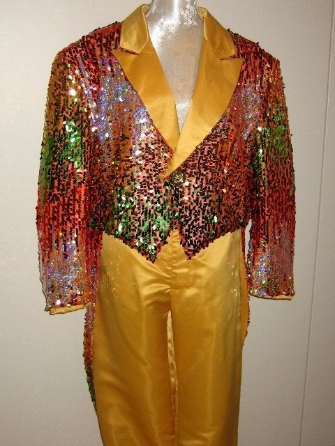 Te koop aangeboden: slipjas met pantalon en glitterhoed., Maat 52/54 (L), Carnaval, Nieuw, Ophalen of Verzenden