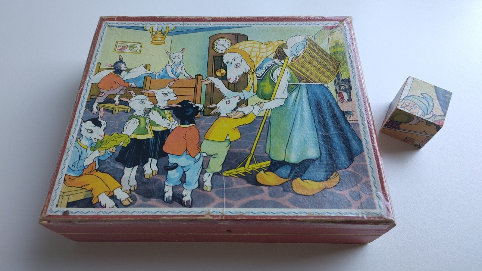 Vintage DDR blokkenpuzzel met sprookjes, Gebruikt, 10 tot 50 stukjes, Ophalen of Verzenden, Van hout