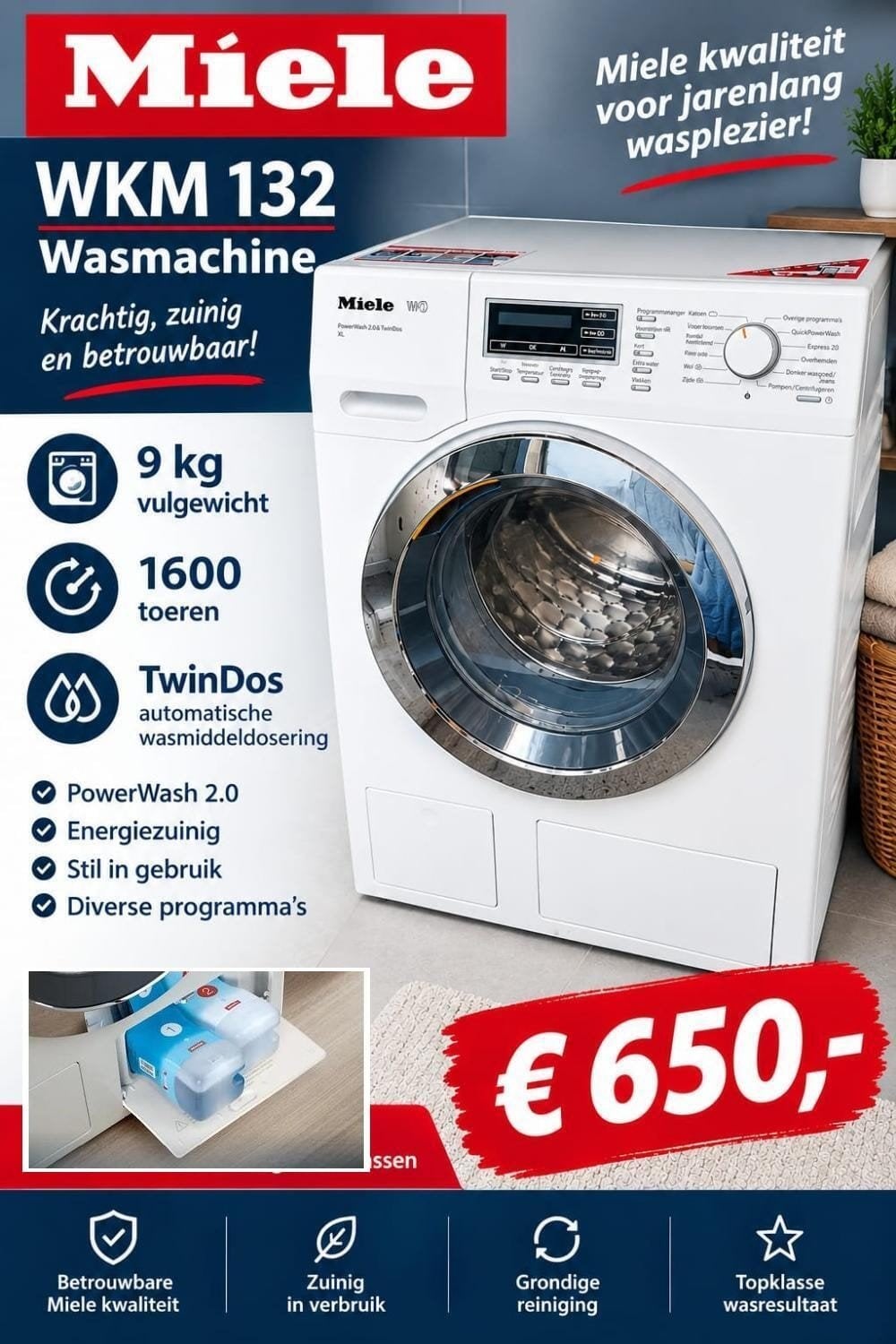 Miele WKM 132 XL - 9kg - 1600 toeren, Ophalen