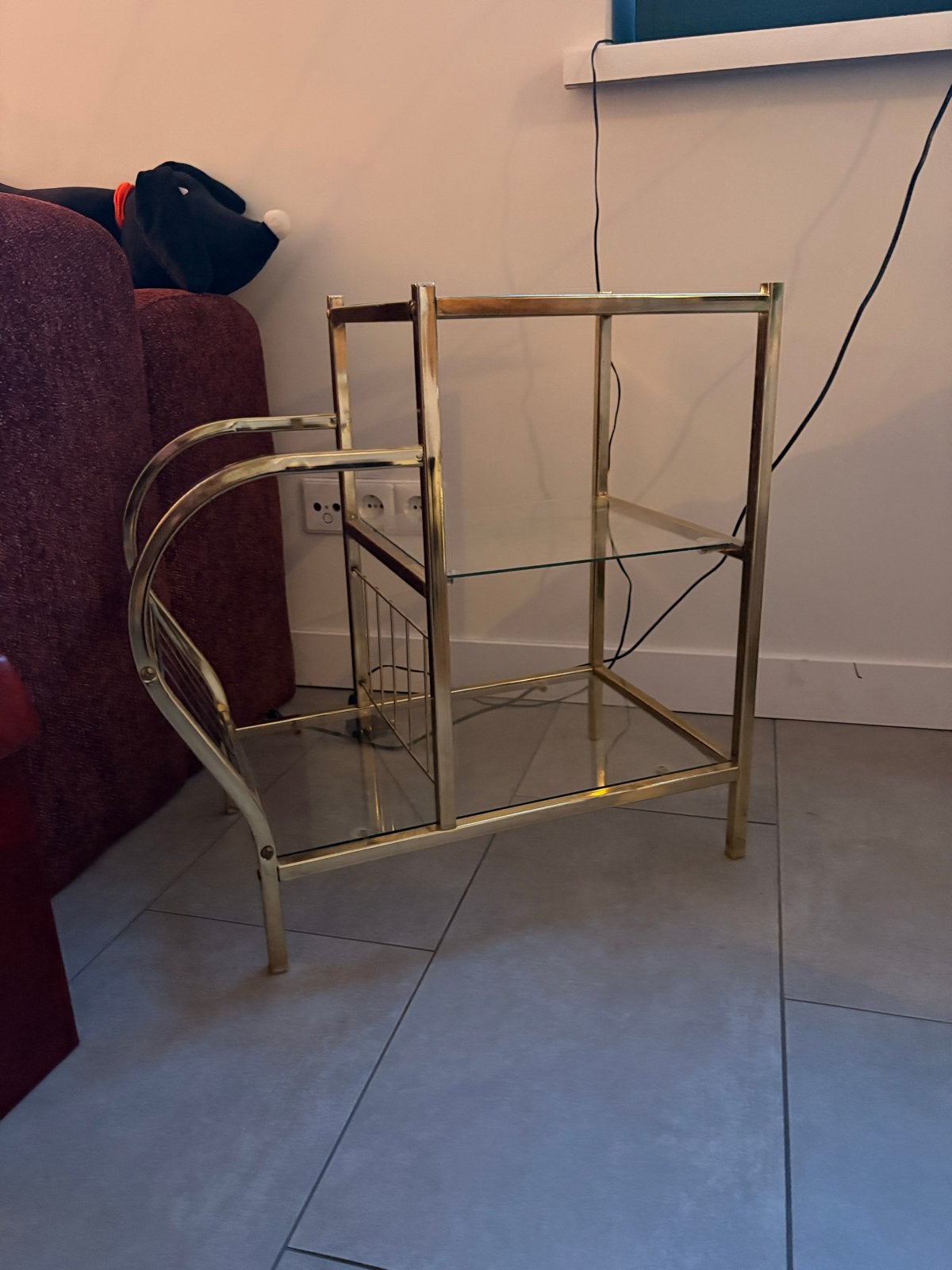 Vintage messing bijzettafel met platenhouder/magazinerek, Ophalen
