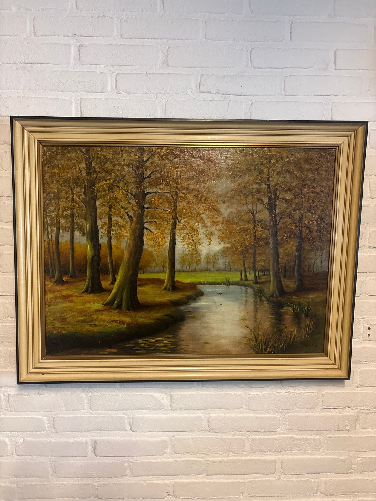Schilderij J.C. Keulen - Herfstlandschap met rivier, Doek, Realistisch, Ophalen of Verzenden, Gesigneerd