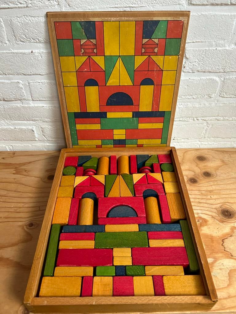 Vintage mooie Houten blokkendoos met bouwstenen, Kinderen en Baby's, Ophalen of Verzenden, Gebruikt, Overige merken