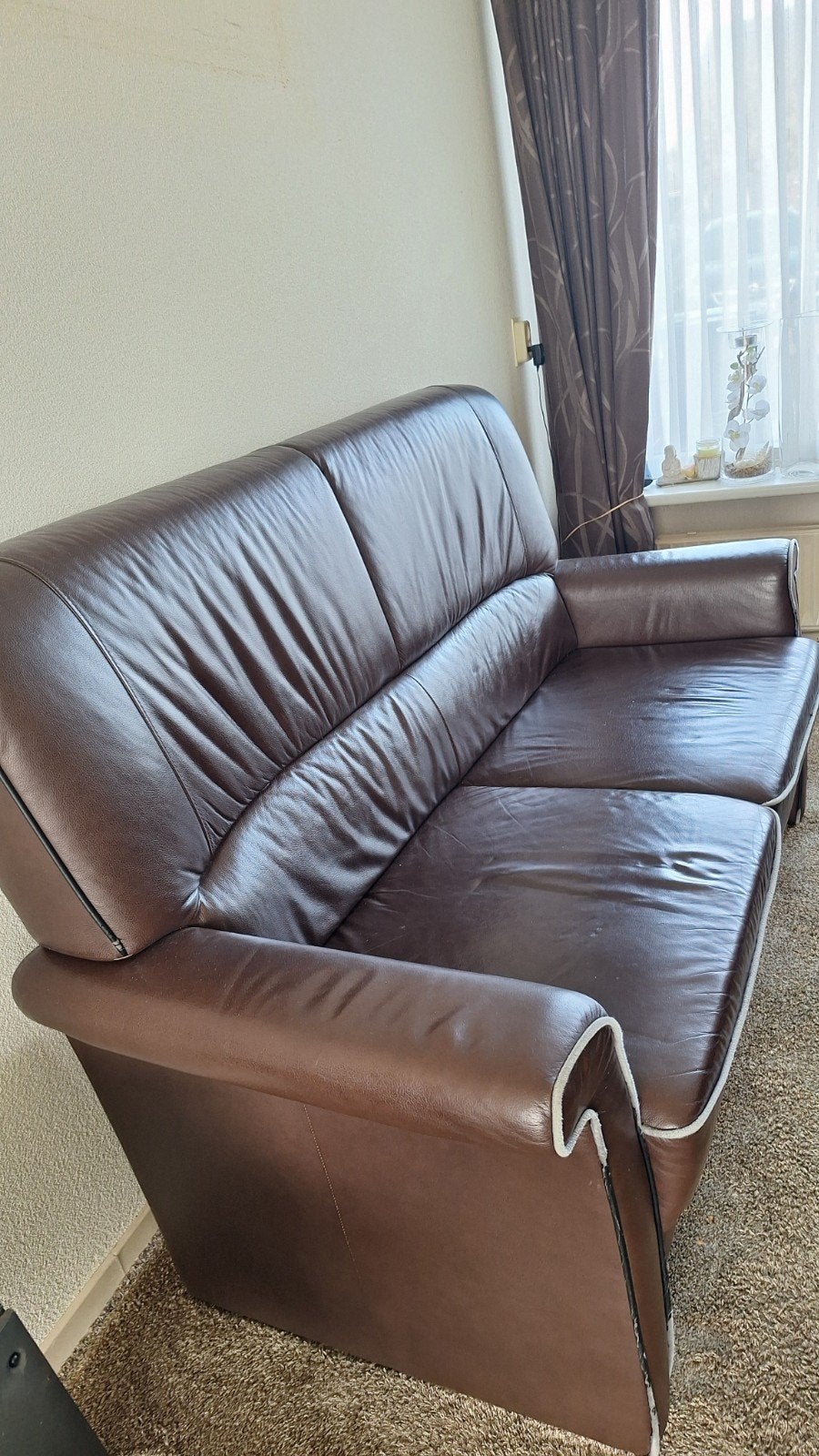 Comfortabele bruine leren bank en fauteuil set, Ophalen, Gebruikt, 150 tot 200 cm, Tweepersoons