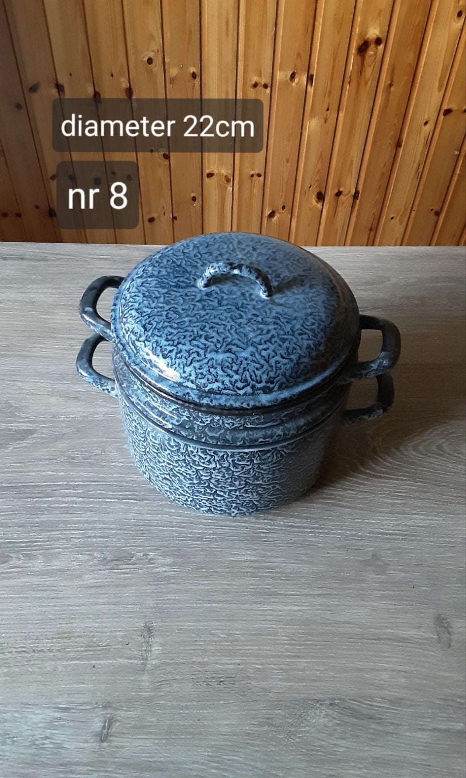 EMAILLE GRIJSGEWOLKTE STOOMPAN DIAMETER 22CM., Antiek en Kunst, Antiek | Emaille, Ophalen of Verzenden