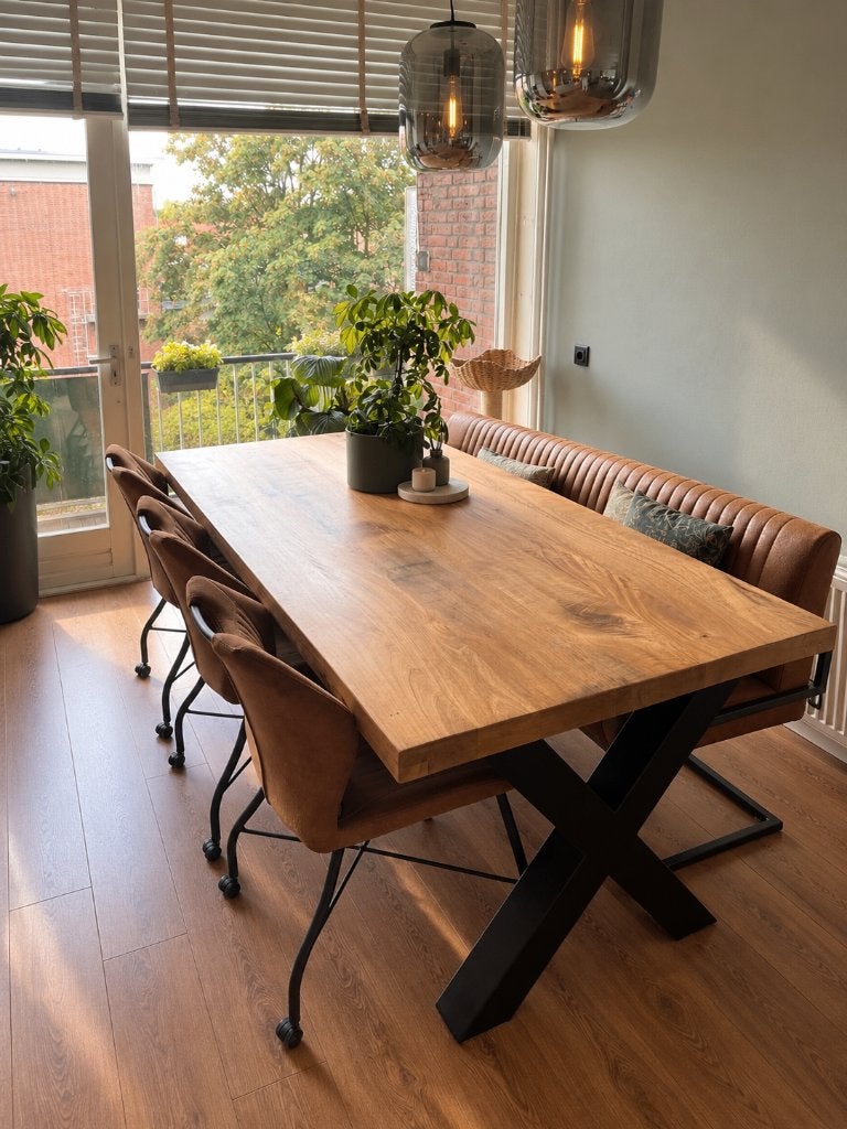 Complete eethoek (mango houten tafel), 3 stoelen + eetbank, Huis en Inrichting, Ophalen, Gebruikt, 200 cm of meer, 50 tot 100 cm