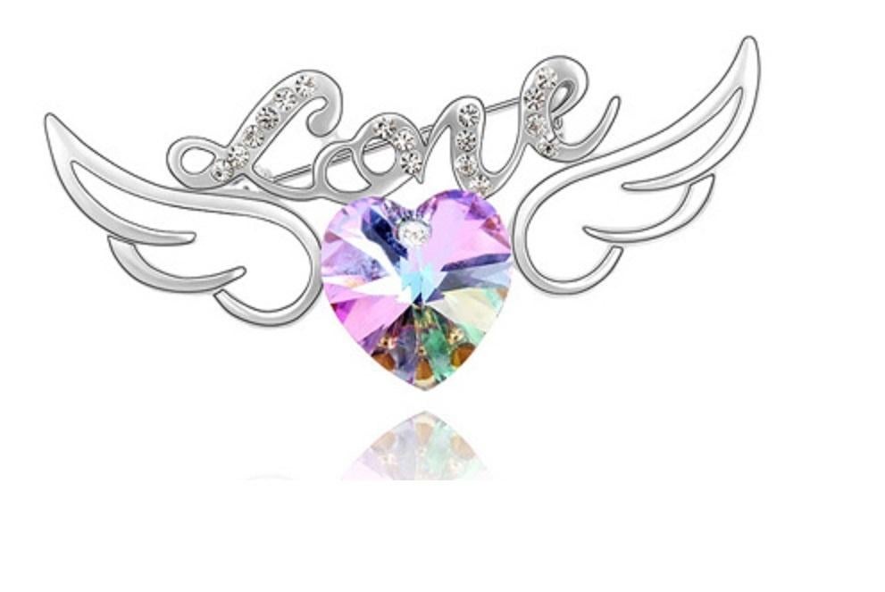 Broche hart - love - engel vleugels witgoud met kristallen, Sieraden, Tassen en Uiterlijk, Met kristal, Overige materialen, 4 tot 7 cm