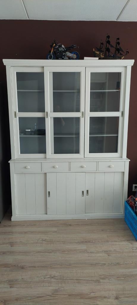 Witte buffetkast met glazen schuifdeuren en lades, Ophalen, Gebruikt, Met deur(en), 200 cm of meer