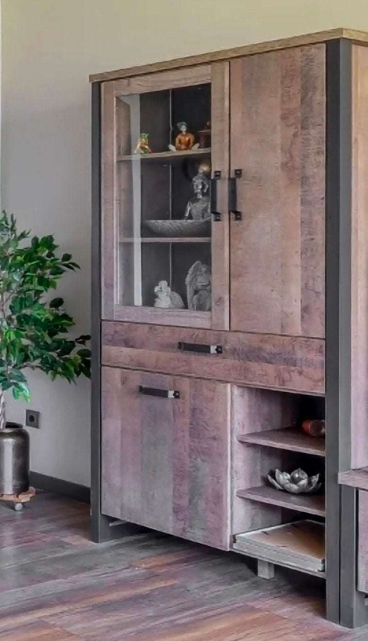 Eerbeek Vitrinekast Eiken - Zwart - Industrieel, Huis en Inrichting, Ophalen, Glas, Met deur(en), 50 tot 100 cm