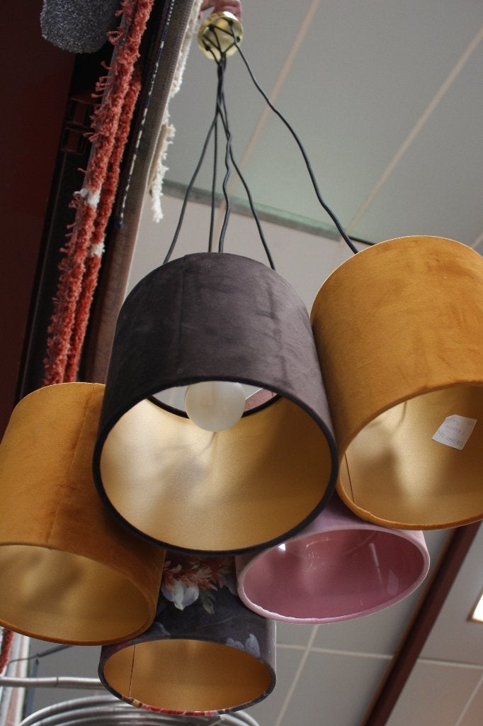 Gave hanglamp QAZQA met 5 lampenkappen velvet pendant, Ophalen of Verzenden, Zo goed als nieuw, Textiel, E27 (groot)