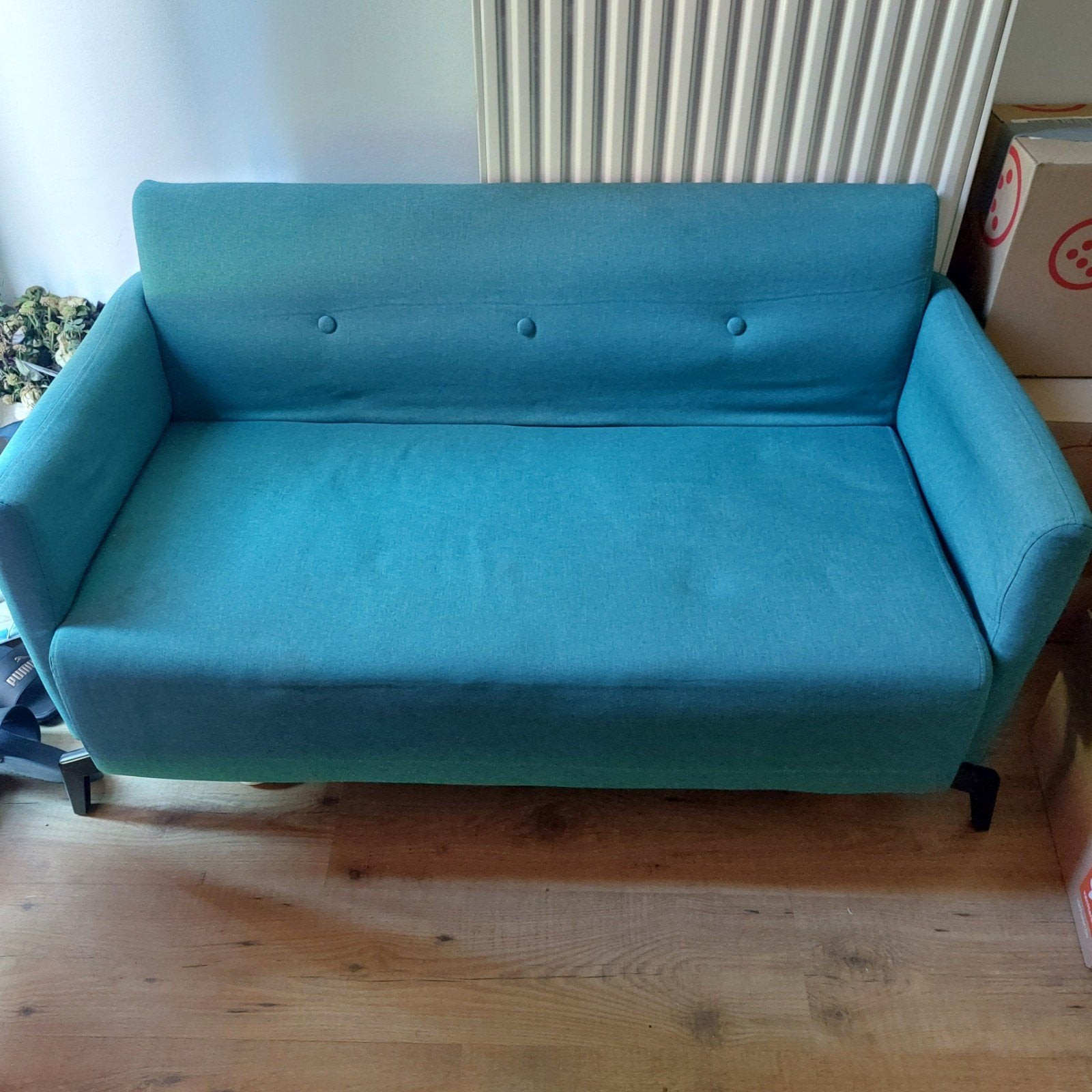 Comfortabele 2-zits bank in turquoise stof, Huis en Inrichting, Banken | Bankstellen, Ophalen, Gebruikt, 150 tot 200 cm, Tweepersoons