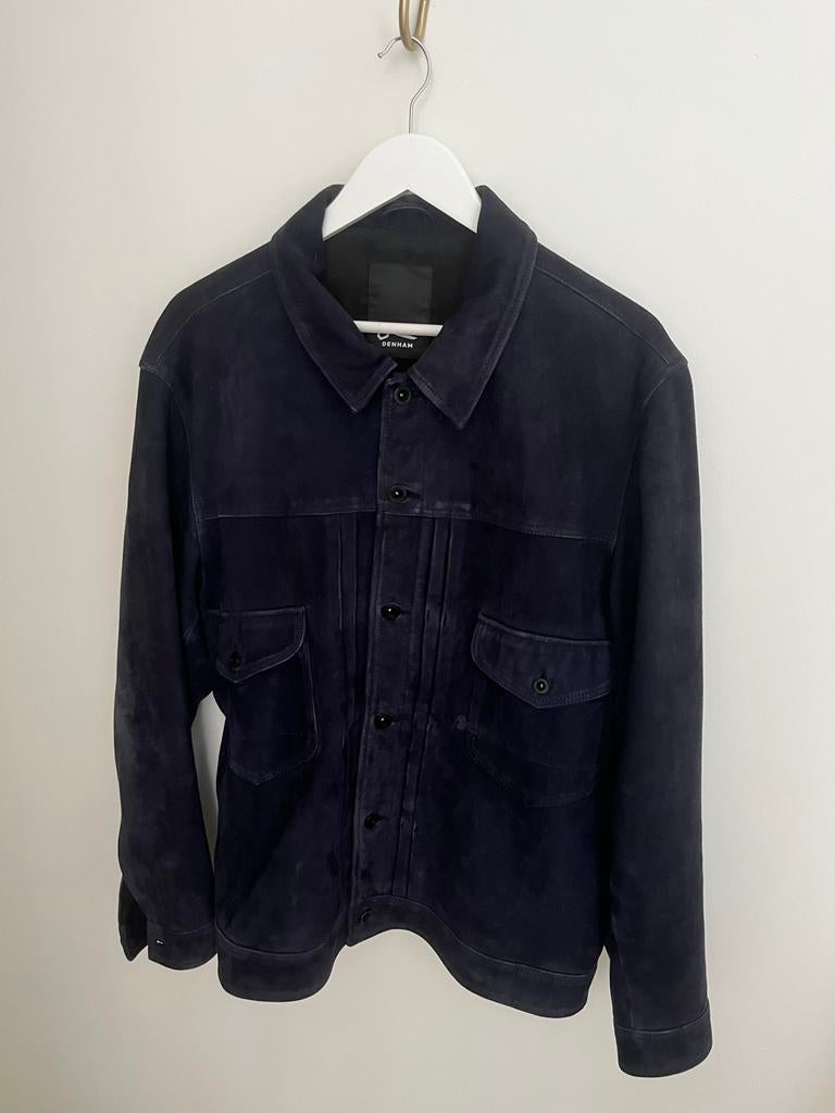 Donkerblauwe suède jas Denham maat L, Ophalen of Verzenden, Gedragen, Overige maten, Blauw