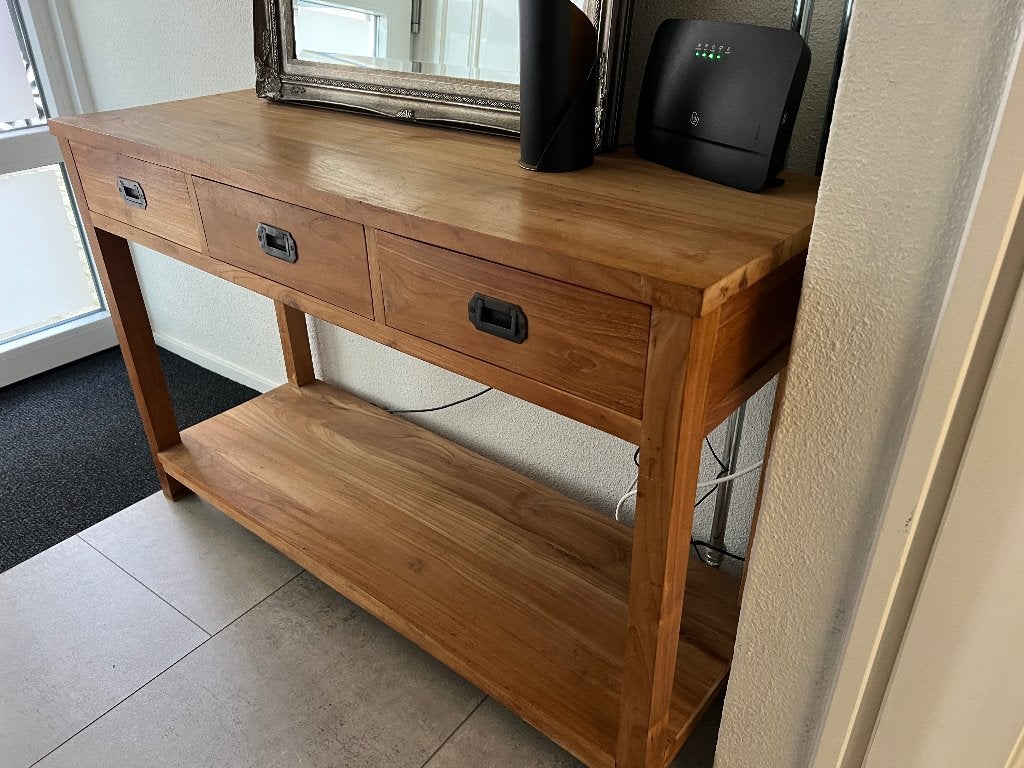 Teakhouten sidetable met 3 lades en opbergplank, Ophalen, Gebruikt, 100 tot 150 cm, Landelijk, Koloniaal