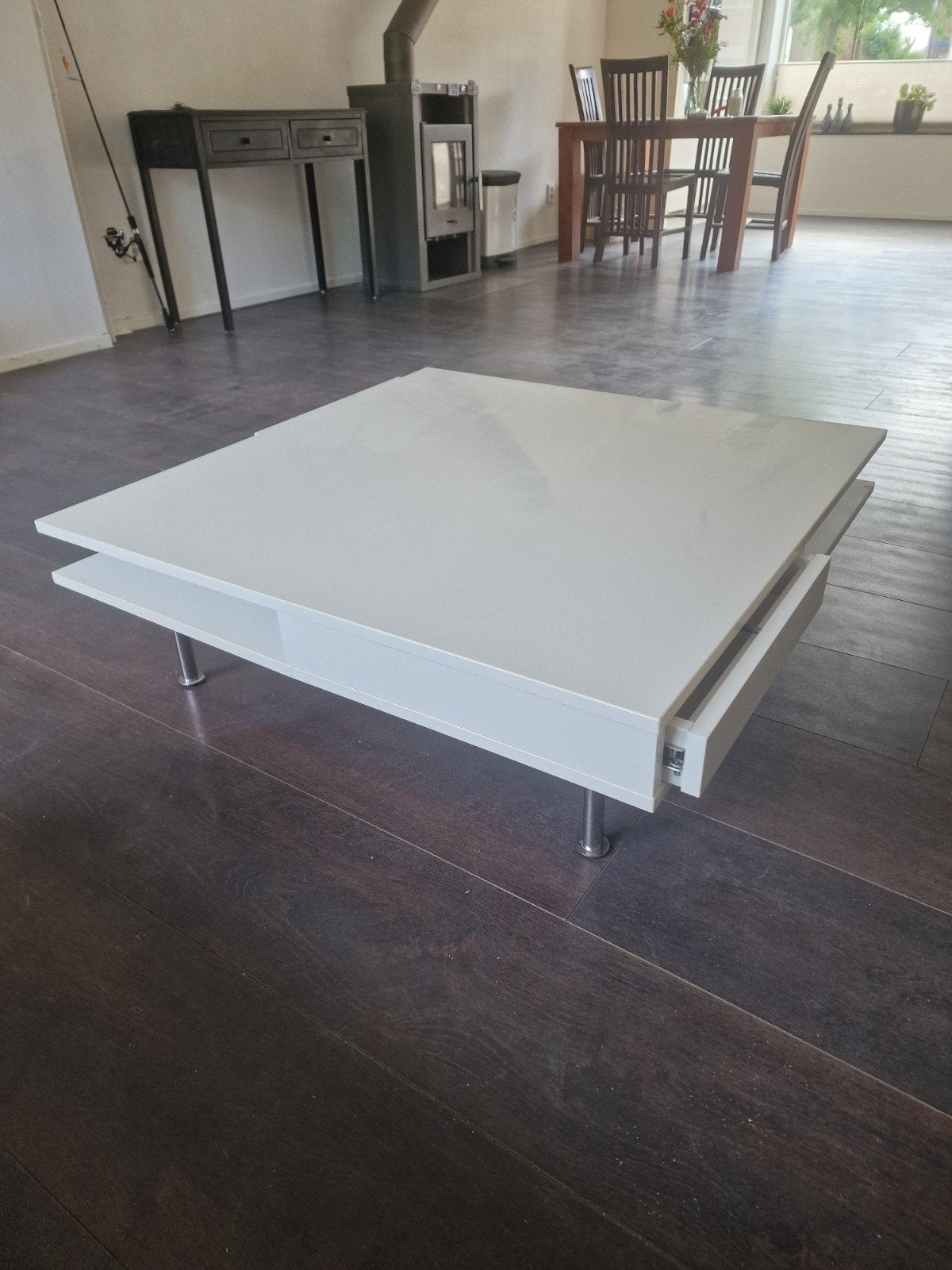 Zware, stevige bijzettafel met lade - Wit, Gebruikt, Vierkant, Ophalen of Verzenden, Overige materialen