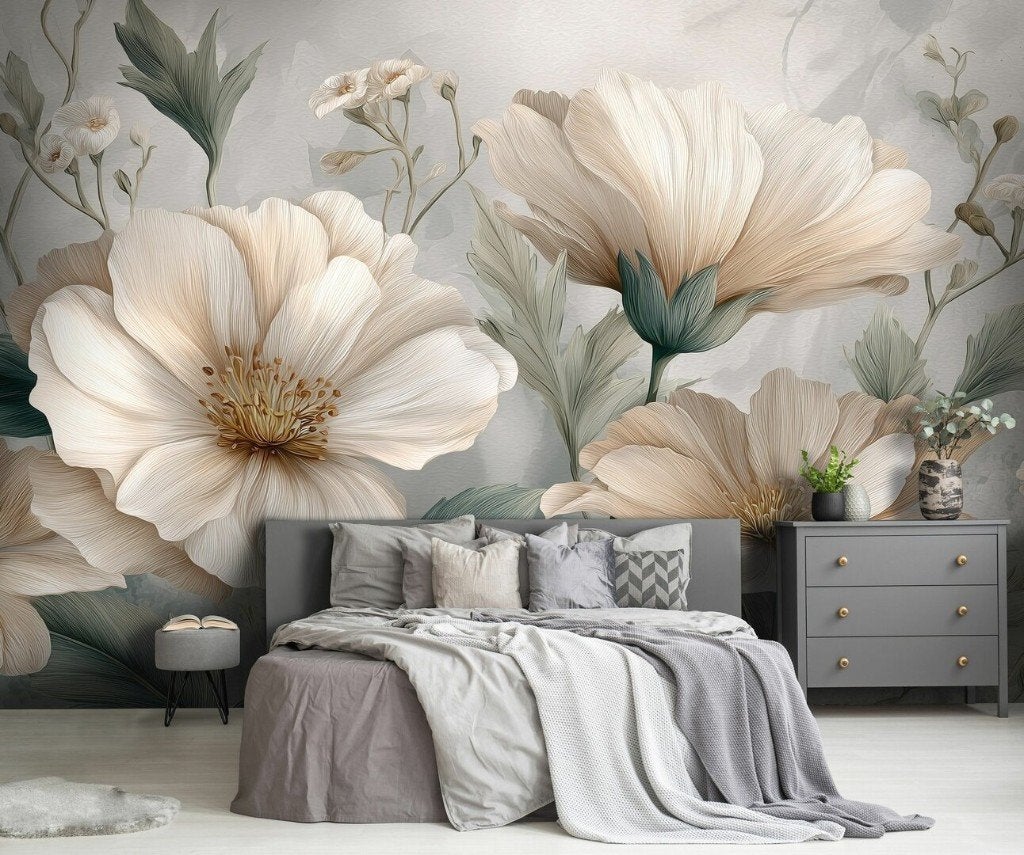 Fotobehang Crèmekleurige Bloemen, Ook op maat. Muurdeco4kids, Verzenden, Fotobehang, Beige