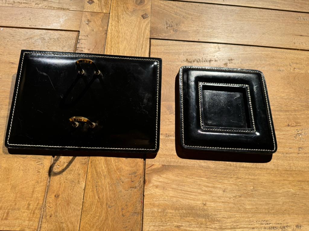 Zwart leren bureau set vintage, Ophalen of Verzenden, Gebruikt