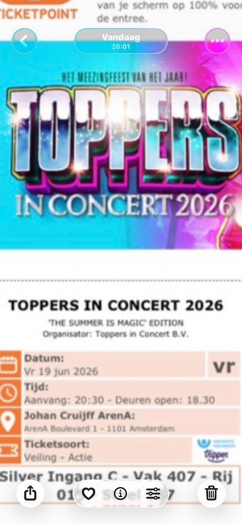 TOPPERS 6 kaarten te koop 6 op een rij, vak 407 rij 15, Tickets en Kaartjes, Concerten | Nederlandstalig, Drie personen of meer