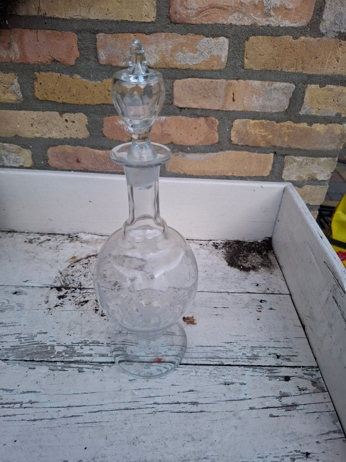 Antieke Glazen Karaf met Gravering, Ophalen of Verzenden